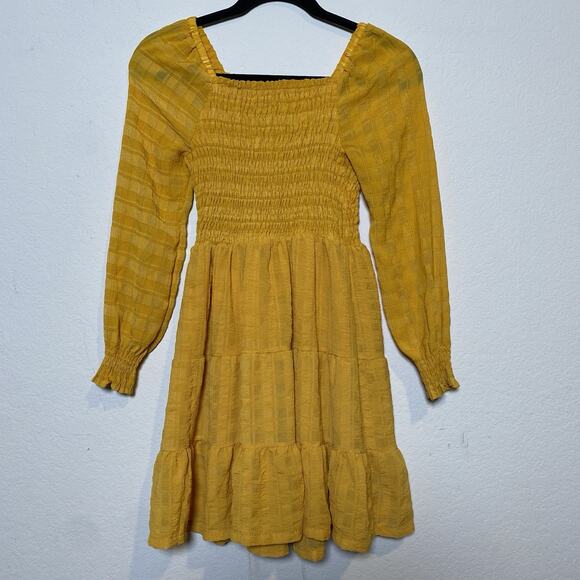 Yellow Tiered Smocked Mini Dress Long Puff Sleeves Girls Size 12 Cottage Prairie - Picture 1 of 7